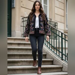 Life Style Women’s Small Embroidered Floral Jacket Black Long Sleeve Boho Vtg